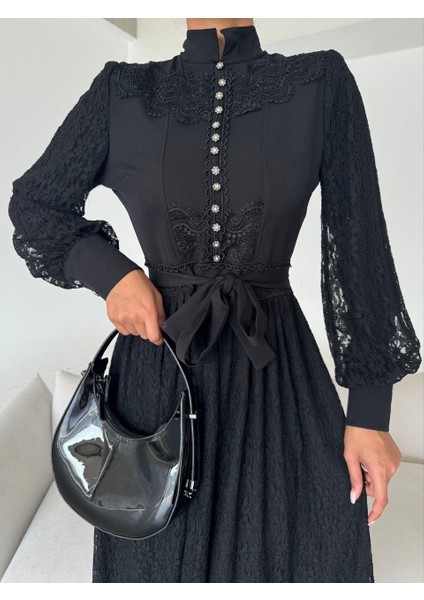 Ithal Tül Kumaş Dantel Detaylı Astarlı Elbise(Kuşak Dahildir) modelleri
