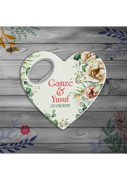 Kişiye Özel Kalpli Magnet | Vintage Çiçekli Nikah & Söz Hatırası 10 Adet (Model-3)