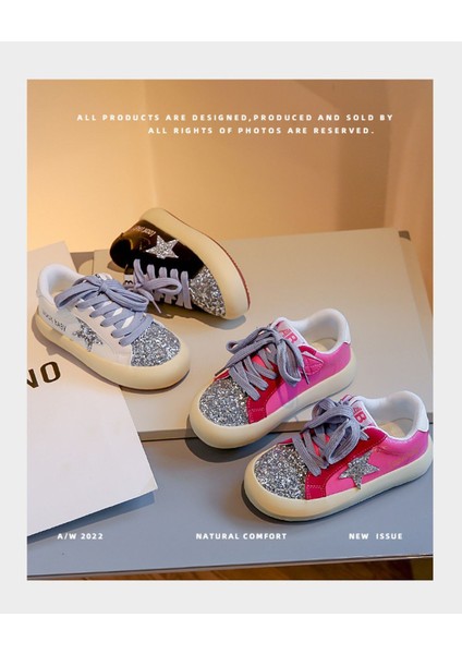 Özel Tasarım Gümüş Yıldız Detaylı Çocuk Sneaker - Pembe
