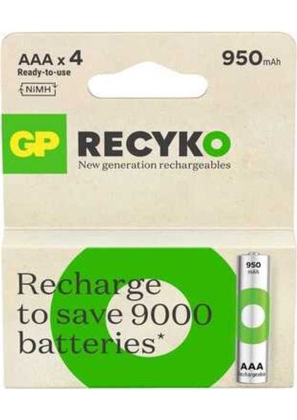 Recyko Şarj Edilebilir Pil Aaa 950MAH 4'lü Paket