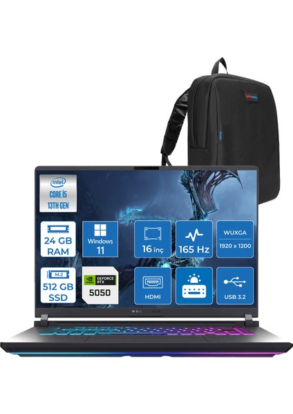 Rog Strix G16 G615JH-RV053 Intel Core I5-13450HX 24GB 512GB SSD 8GB/RTX5050 Gddr7 115W 16" Wuxga 165Hz 3ms IPS WINDOWS11HOME Gaming Laptop WRX053H01+ZETTAÇANTA