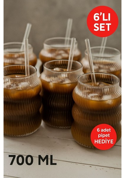 6’lı Set Cam Buzlu Soğuk Kahve Bardağı + Cam Pipet Hediyeli 700 ml