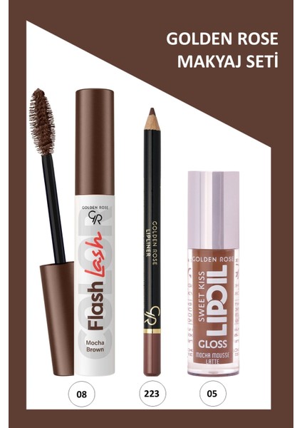 Flash Lash Renkli Maskara No:08 & Lipliner NO:223 & Sweet Kiss Meyveli Dudak Parlatıcı No:05 Makyaj Seti