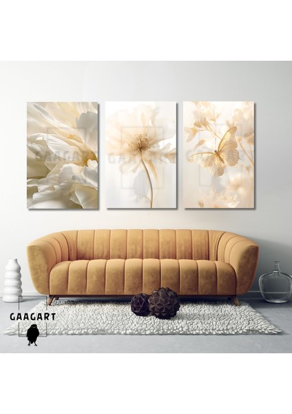 3'lü Kanvas Salon Tablosu Seti Kremrengi Soft Kelebek ve Çiçek