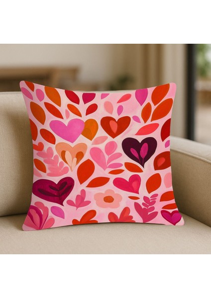 Pembe Kalp Desenli Kırlent Kılıfı – 43X43 Cm, Çift Taraflı, Fermuarlı, Yıkanabilir