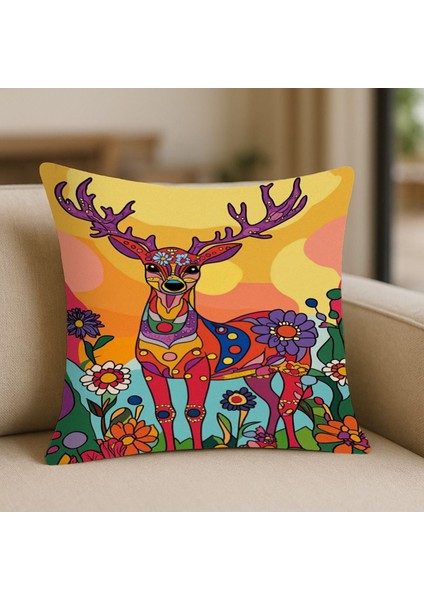 Geyik Desenli Kırlent Kılıfı – 43X43 Cm, Çift Taraflı, Fermuarlı, Yıkanabilir
