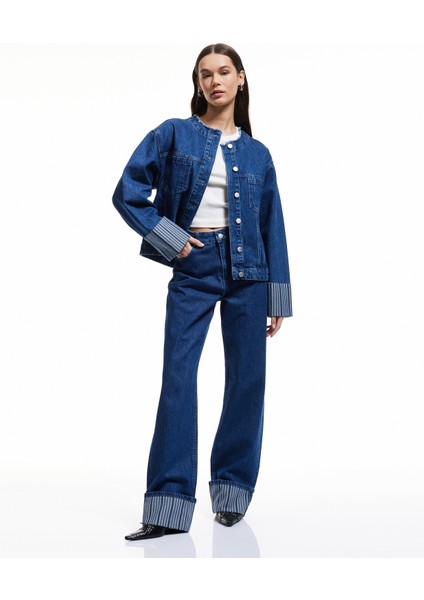 Yeni Sezon Çift Cepli Bisiklet Yaka Kolları Katlı Düğmeli Denim Ceket fiyatları