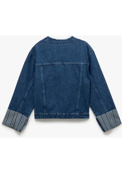 Yeni Sezon Çift Cepli Bisiklet Yaka Kolları Katlı Düğmeli Denim Ceket fırsatları