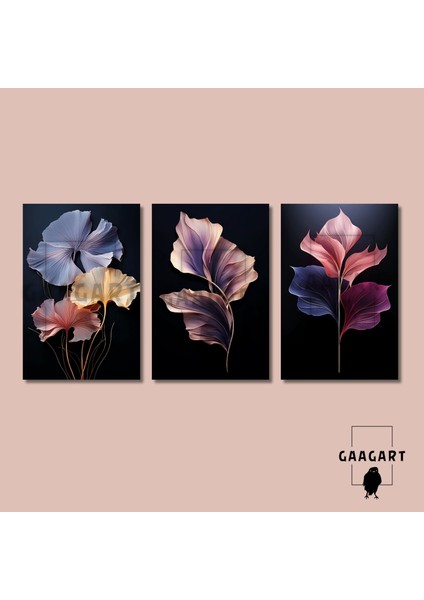 3'lü Kanvas Salon Tablosu Seti Siyah Lila Bitki Yaprakları indirimleri