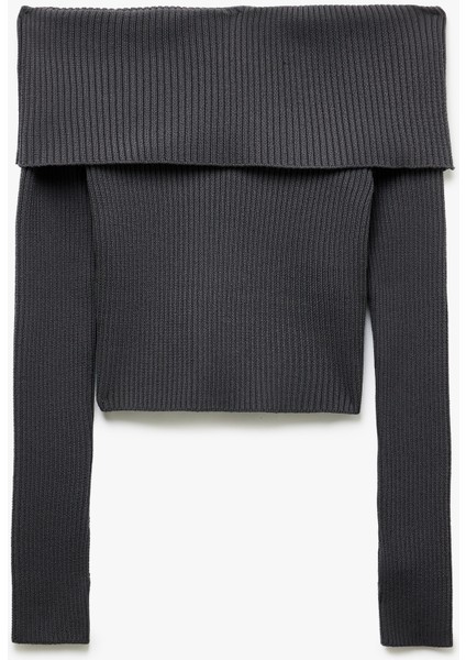 Yeni Sezon Slim Fit Uzun Kollu Omzu Açık Madonna Yaka Triko Kazak modelleri