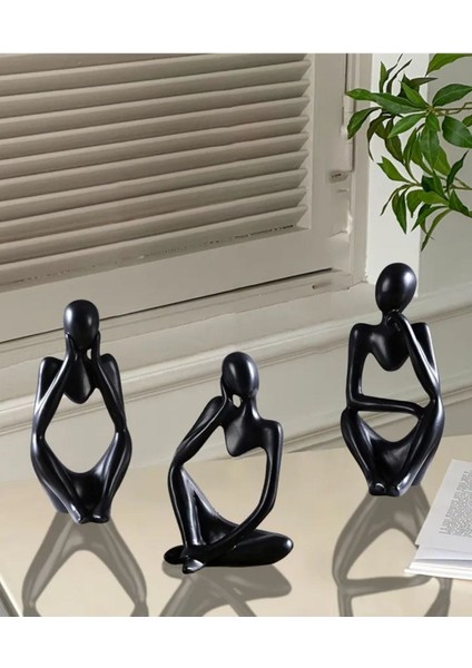 3 Lü Polyester Siyah Soyut Düşünür Heykel Biblo Aksesuar Seti