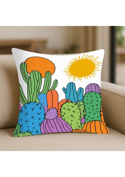 Rengarenk Kaktüs Desenli Kırlent Kılıfı – 43X43 Cm, Çift Taraflı, Fermuarlı, Yıkanabilir