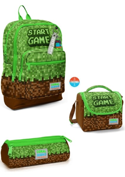 Yeşil Kahverengi High Craft Desenli 3’lü Okul Çanta Seti