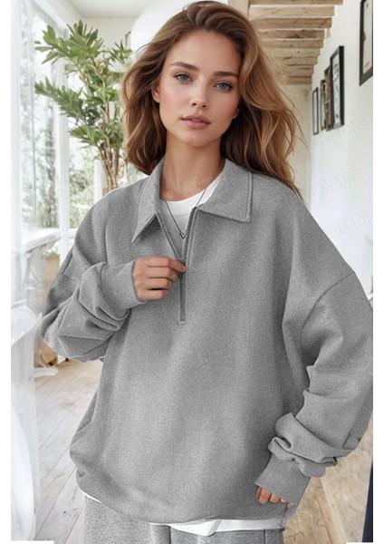 Kadın Gri Yarım Fermuar Polo Yaka 3 Iplik Içi Polarlı Şardonlu Oversize Sweatshirt fiyatları