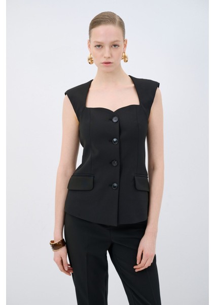 Vatkalı Önü Cepli Yelek Siyah 17943071002