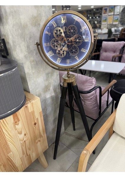 Ledli Tripod Ahşap Ayaklı Dekoratif Saat Döner Çarklı Gold-Siyah