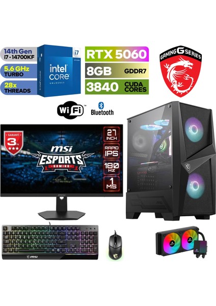 Şafak Gaming Pc - 27”180HZ Msi- Rtx 5060 8 GB – Intel I7 14700KF – 32 GB - 64 Ddr5 Ram – 1tb M.2 SSD – Klavye Mouse Msi Vigor-Sıvı Sogutmalı