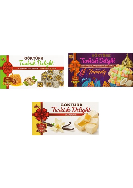 Antep Fıstıklı Ballı Duble , Hindistan Cevizli Karışık Meyve Aromalı , Sade Lokum 3'lü Set
