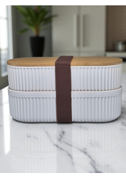 2’li Ahşap Bambu Kapaklı Yemek ve Saklama Kabı – 1000 ml, Soft Ekru, Elastik Bantlı, Hava Geçirmez