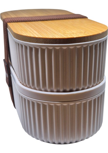 2’li Ahşap Bambu Kapaklı Yemek ve Saklama Kabı – 1000 ml, Soft Ekru, Elastik Bantlı, Hava Geçirmez modelleri