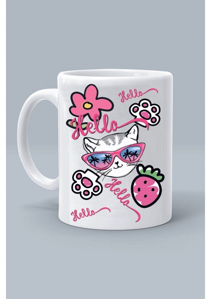 Hello Pembe Patili Sevimli Kedi Çilek Tasarım Baskılı Klasik Beyaz Kupa Bardak