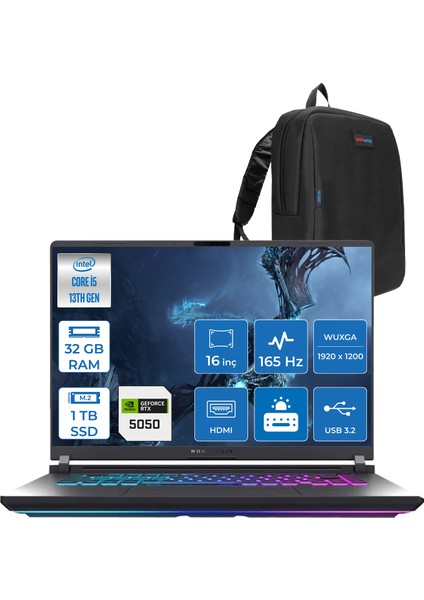 Rog Strix G16 G615JH-RV053 Intel Core I5-13450HX 32GB 1tb SSD 8GB/RTX5050 Gddr7 115W 16" Wuxga 165Hz 3ms IPS Freedos Gaming Laptop WRX053F11+ZETTAÇANTA