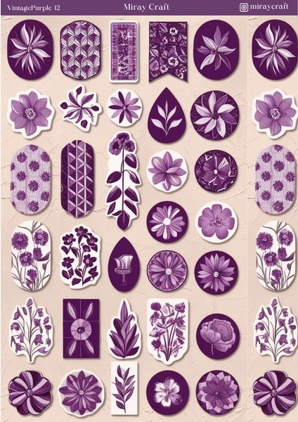 1 Adet Mor Vintage Temalı Sticker (12X17 Cm) Bullet Journal,scrapbook, Ajanda ve Planlayıcı Için