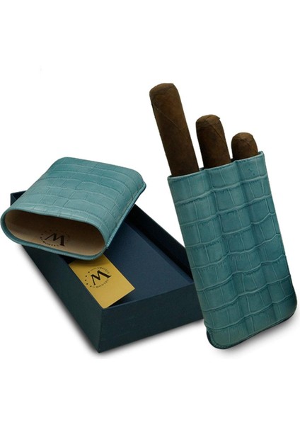 Deri El Yapımı Puro Kılıfı Üçlü (60 Ring) Croco Aguamarina fırsatları