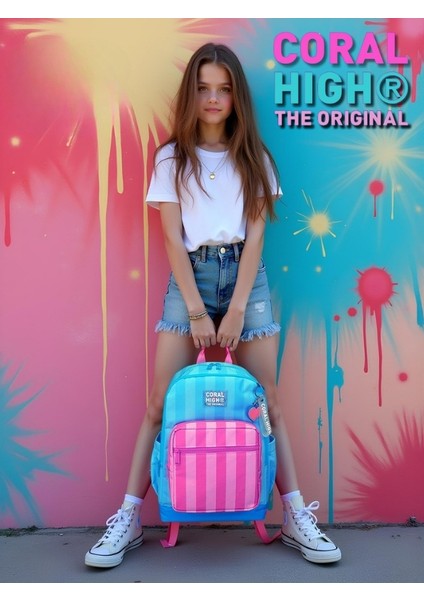 Turkuaz Pembe Çizgili 3’lü Okul Çanta Seti modelleri