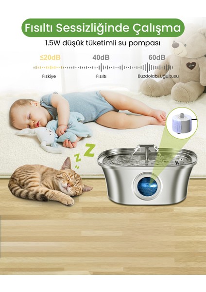 3.2 L Çiftli Paslanmaz Çelik Kedi Köpek Için Otomatik Su Pınarı Su Çeşmesi Su Sebili Sessiz Pompalı