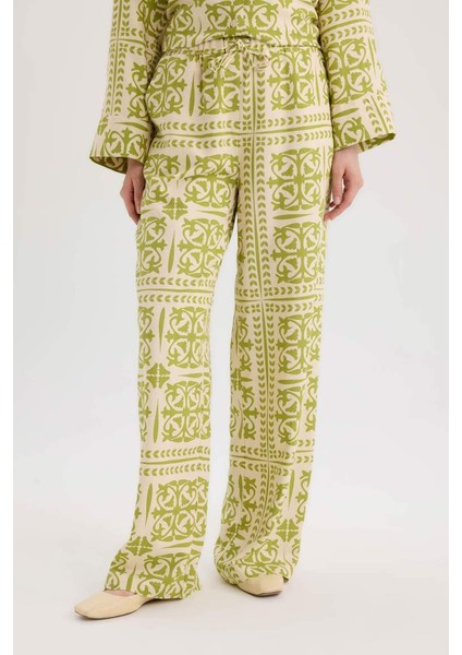 Yeni Sezon Wide Leg Desenli Esnek Belli Keten Karışımlı Geniş Paça Pantolon