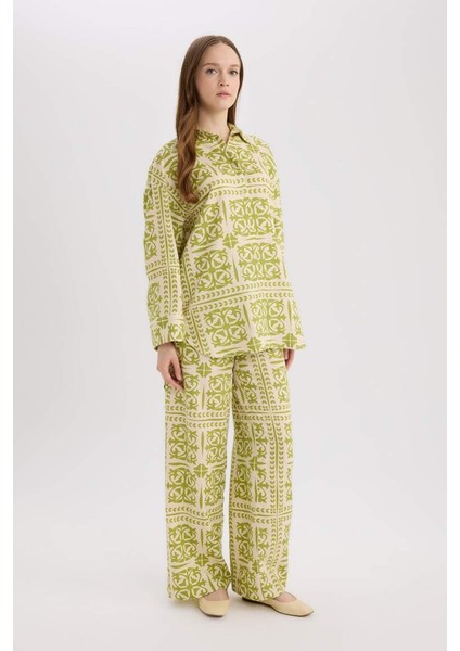 Yeni Sezon Wide Leg Desenli Esnek Belli Keten Karışımlı Geniş Paça Pantolon modelleri