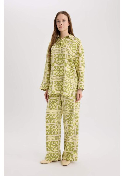 Yeni Sezon Wide Leg Desenli Esnek Belli Keten Karışımlı Geniş Paça Pantolon fırsatları