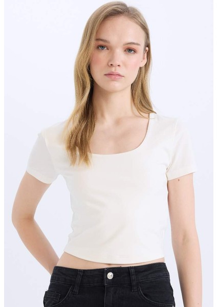 Yeni Sezon Fitted U Yaka Basic Düz Kısa Kollu Tişört