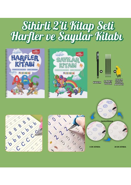 Sihirli Yazı Defter Kitap 2'li Set | Harfleri | Sayıları Öğreten Oluklu (Kabartmalı) 2’li Kitap Seti | Sihirli Yazı Defterleri