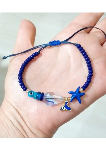 Lacivert Deniz Yıldızı Deniz Kızı Kuyruğu Nazar El Yapımı Cam Boncuklu Bileklik