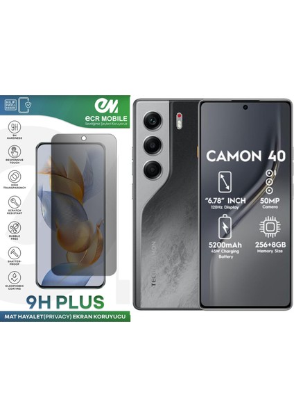 Tecno Camon 40 ile Uyumlu Hayalet(Privacy) Esnek Nano Kırılmayan Ekran Koruyucu