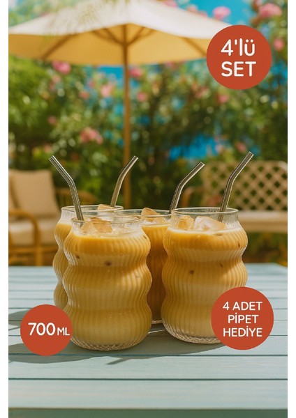 4’lü Set Cam Buzlu Soğuk Kahve Bardağı + Cam Pipet Hediyeli 700 ml