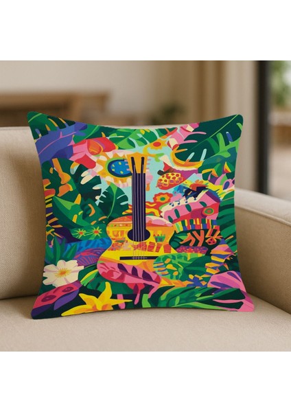 Gitar ve Çiçek Desenli Kırlent Kılıfı – 43X43 Cm, Çift Taraflı, Fermuarlı, Yıkanabilir