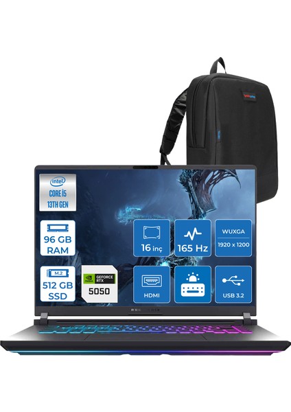 Rog Strix G16 G615JH-RV053 Intel Core I5-13450HX 96GB 512GB SSD 8GB/RTX5050 Gddr7 115W 16" Wuxga 165Hz 3ms IPS Freedos Gaming Laptop WRX053F41+ZETTAÇANTA