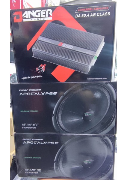 Profesyonel Paket Ses Sistemi 2 Takım Apocalypse 82SE Midrange Danger Audio 80.4 Ab Class 4 Kanal Oto Amfi