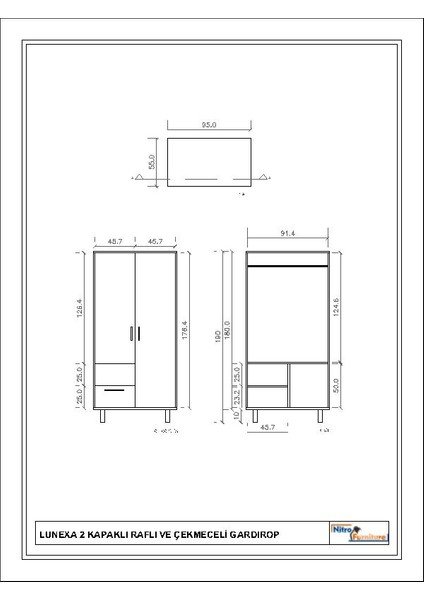Lunexa 2 Kapaklı Mdflam Gardırop – Raflı ve Çekmeceli Dolap 00136