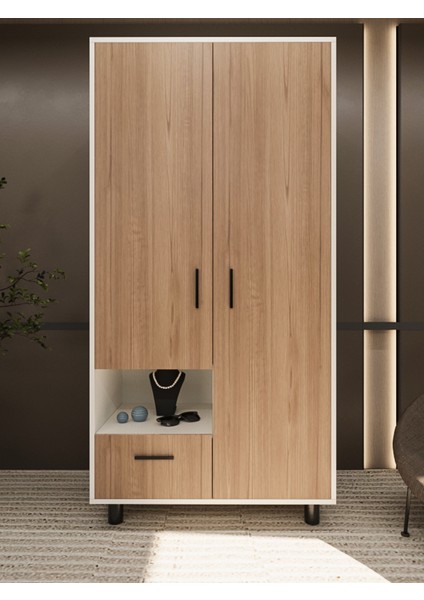 Lunexa 2 Kapaklı Mdflam Gardırop – Raflı ve Çekmeceli Dolap 00136
