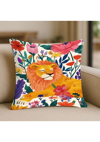 Kral Aslan Desenli Kırlent Kılıfı – 43X43 Cm, Çift Taraflı, Fermuarlı, Yıkanabilir