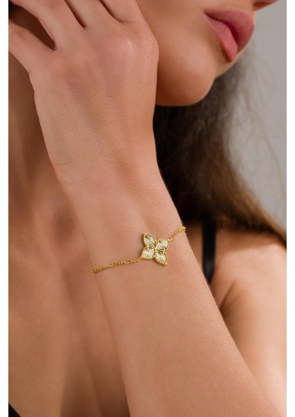 Gümüş Altın Gold Kaplama Yonca Çiçek Lazer Kalem Işlemeli Taşsız Bileklik