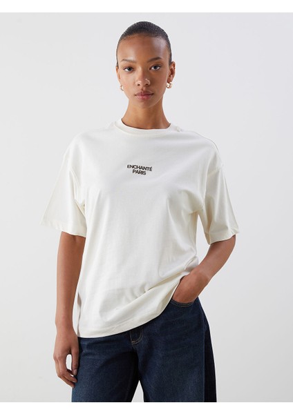 Yeni Sezon Bisiklet Yaka Paris Baskili Oversize Kadin Tisort - S5PM55Z8