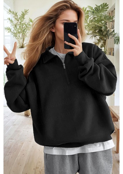 Kadın Siyah Yarım Fermuar Polo Yaka 3 Iplik Içi Polarlı Şardonlu Oversize Sweatshirt