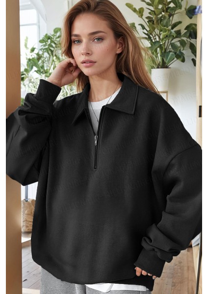 Kadın Siyah Yarım Fermuar Polo Yaka 3 Iplik Içi Polarlı Şardonlu Oversize Sweatshirt fiyatları