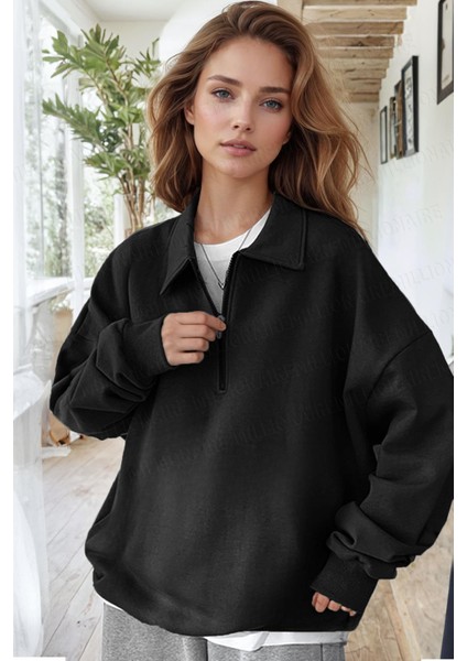 Kadın Siyah Yarım Fermuar Polo Yaka 3 Iplik Içi Polarlı Şardonlu Oversize Sweatshirt modelleri