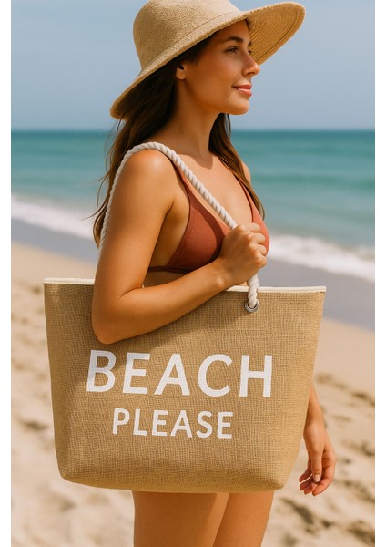 Beyaz Beach Please Yazılı Büyük Boy Piknik ve Plaj Çantası – Halat Saplı – 55X36X15 cm